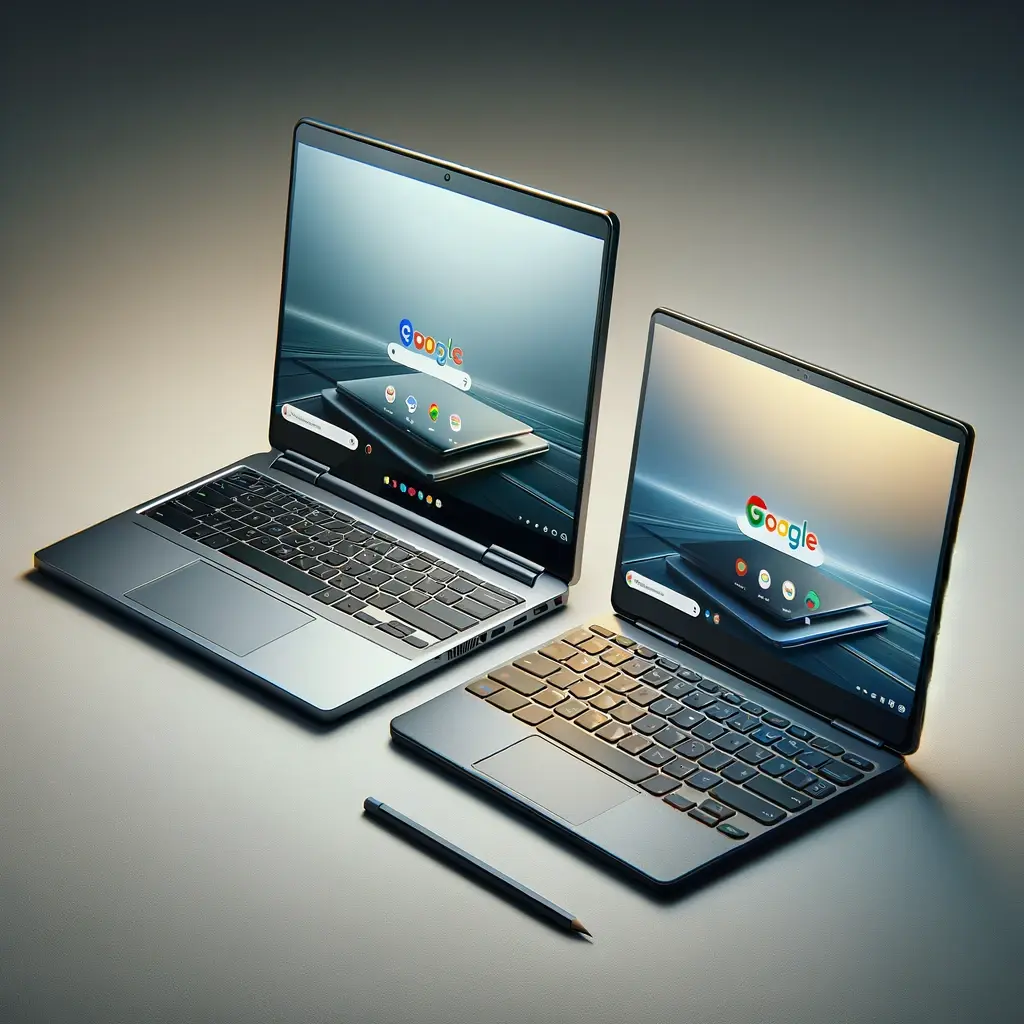 A highly detailed, modern and realistic digital artwork showcasing a side-by-side comparison of a Chromebook and a traditional laptop.