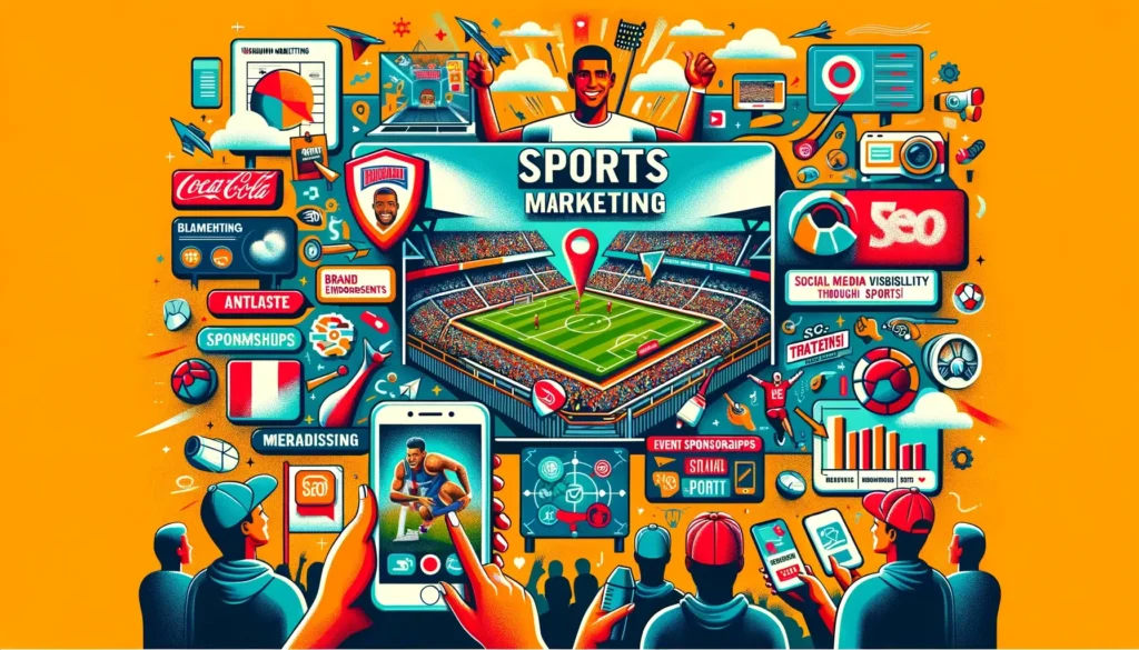 Here are the images illustrating the concept of sports marketing. They include various elements such as billboards, stadiums with sponsored banners, social media posts, and fans with branded merchandise.