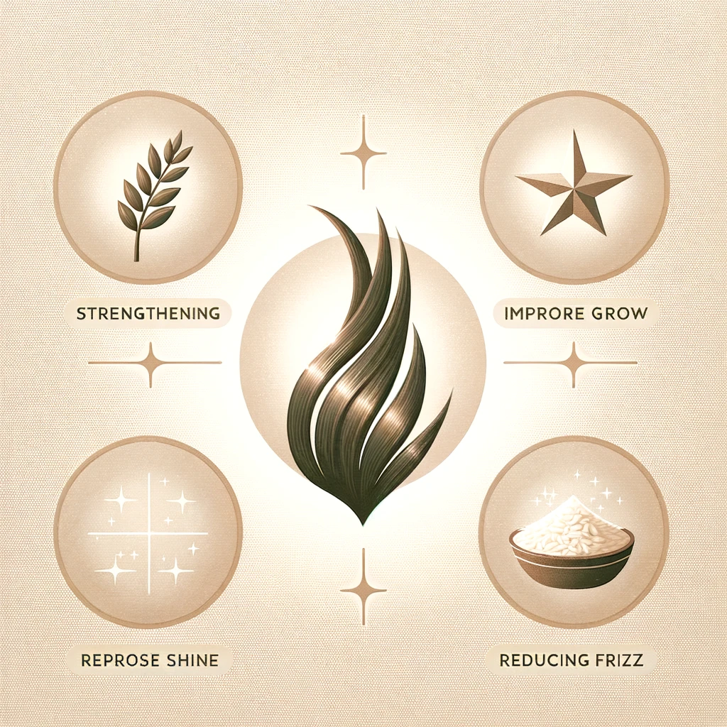 the-benefits-of-rice-water-for-hair.-The image features fouricons each representing a different-benefit