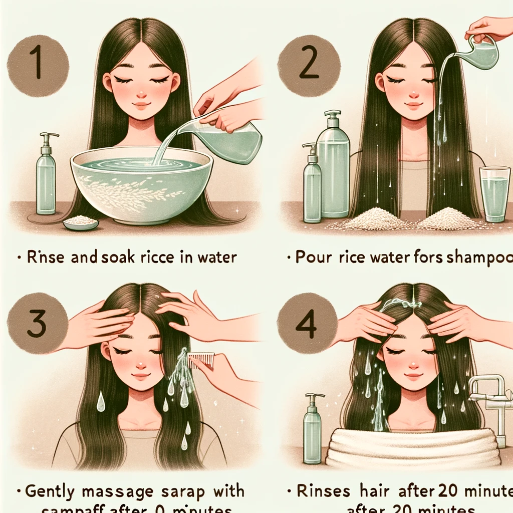 Animage-illustrating-the-steps-of-how-to-use-rice-water-for-hair-growth-with-text-descriptions-for-each-step.-The-image-features-four-numbered-