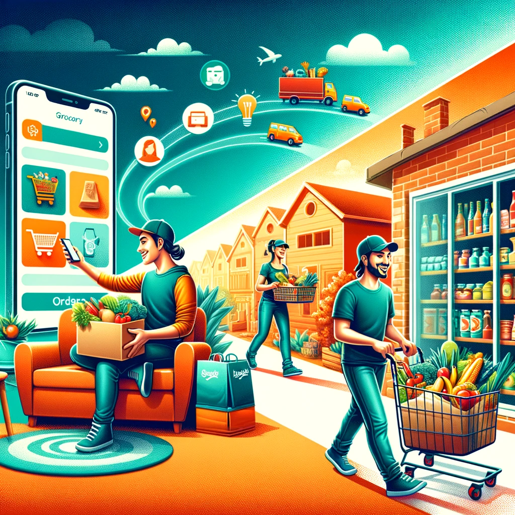 An illustration depicting the Instacart grocery shopping process from start to finish.The image shows a person using a smartphone to order groceries