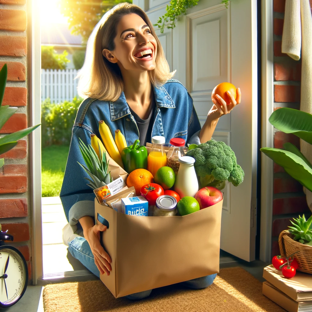 An engaging and colorful image shows a joyful customer opening their front door to find a variety of fresh groceries and essentials neatly packaged