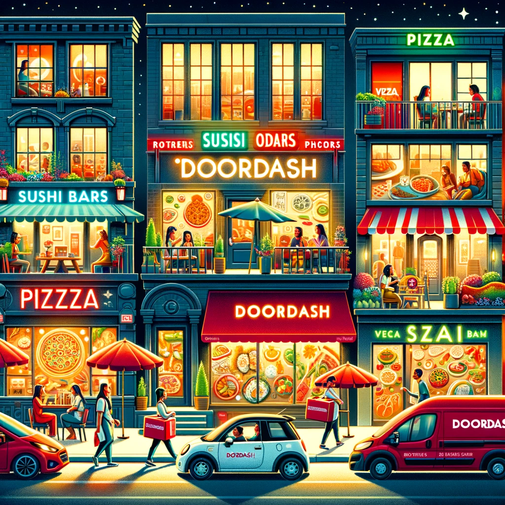 An-illustration-showcasing-a-bustling-city-street-at-night-filled-with-a-variety-of-DoorDash-restaurant-partners