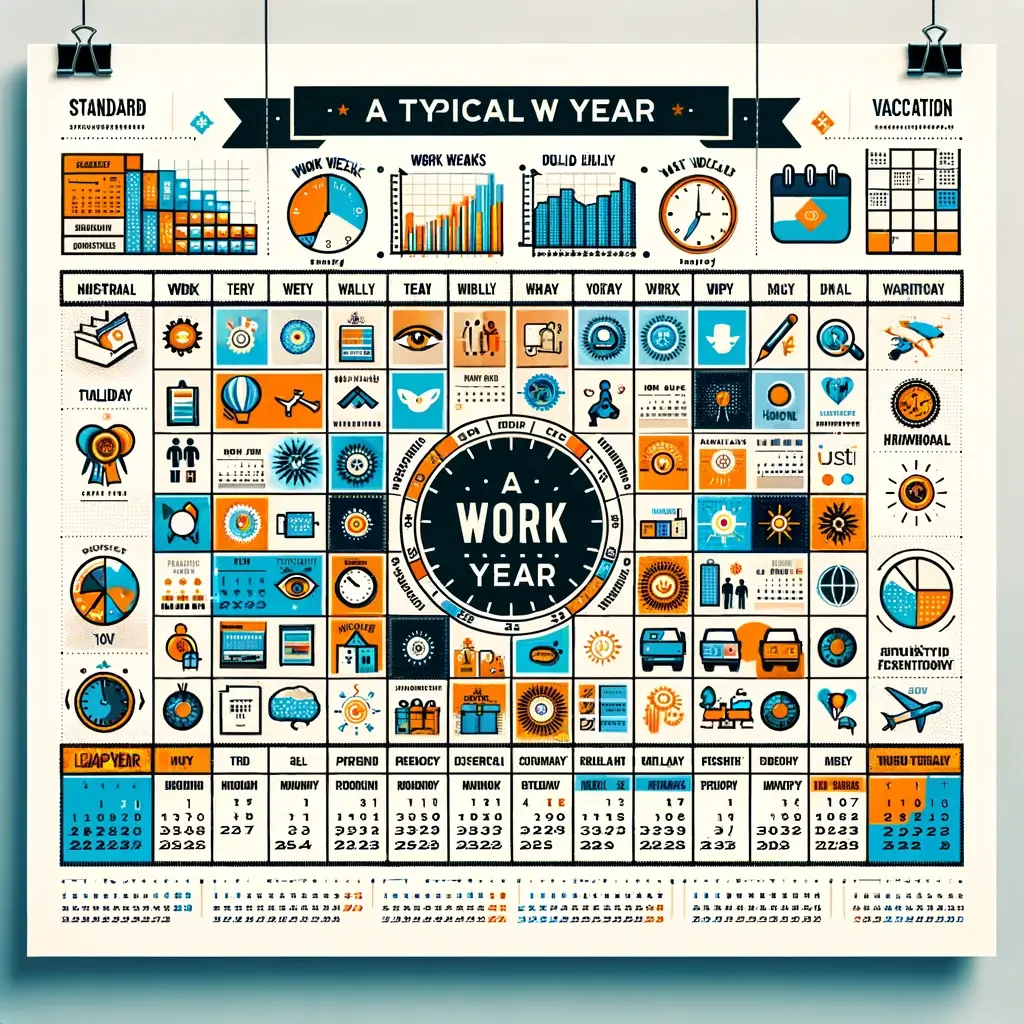 Create a visually appealing and informative calendar graphic showing a typical work year. The calendar should highlight standard work weeks,