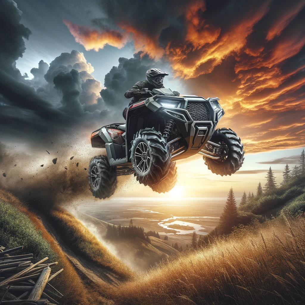 An-engaging-and-dynamic-image-of-a-Polaris-Sportsman-500-ATV-in-the-midst-of-a-breathtaking-jump-over-a-hill-against-the-backdrop-of-a-stunning-sunse