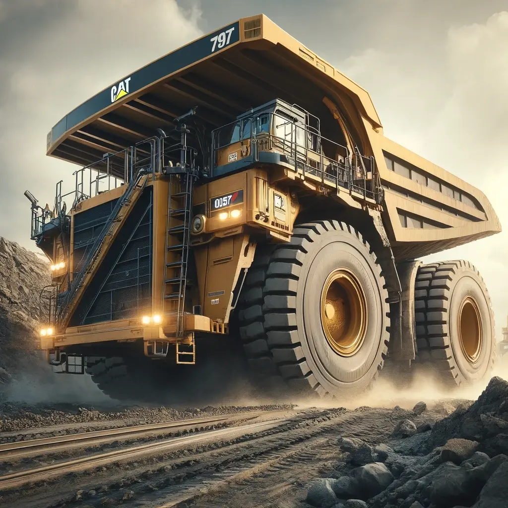 Caterpillar 797F haul truck in action, carrying a heavy load in a mining environment, highlighting its 400 metric ton capacity and rugged design