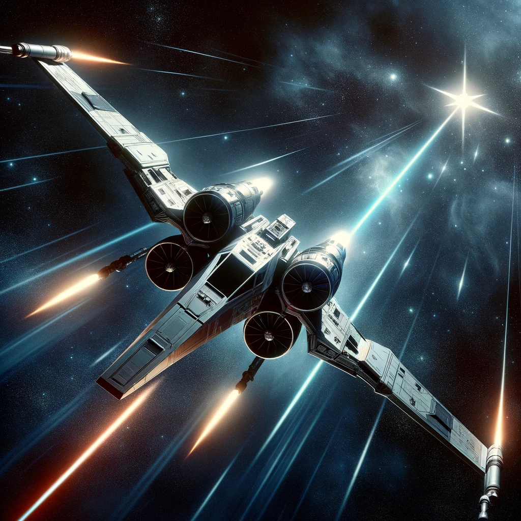 A-dynamic-image-of-a-fictional-starfighter-with-its-wings-split-into-an-_X_-configuration-firing-lasers-in-a-space-battle-set-against-a-dark-starry.