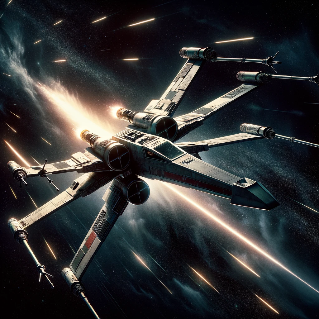 dynamic image of an X-Wing Fighter with its wings split into an _X_ configuration, firing lasers in a space battle, set against a dark, starry sky.