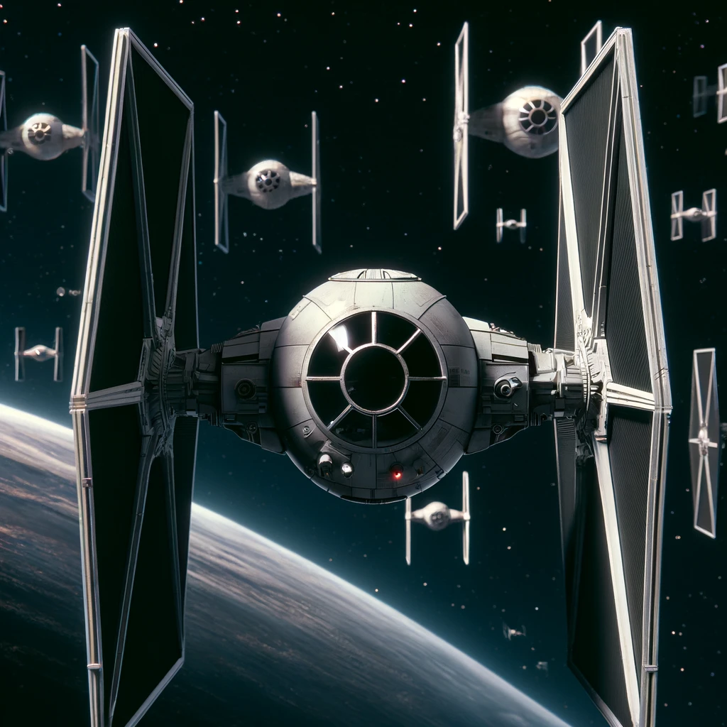 TIE Fighters in formation, showcasing their unique hexagonal wing panels and central spherical cockpit, flying toward the viewer with a planet