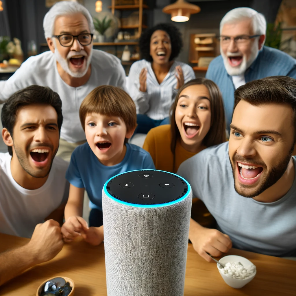 Diverse group of friends playing Alexa trivia game in living room