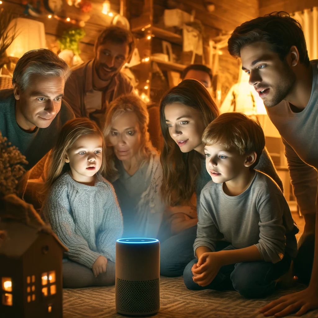 Family and children engaged in Alexa storytelling game in a cozy, dimly lit room