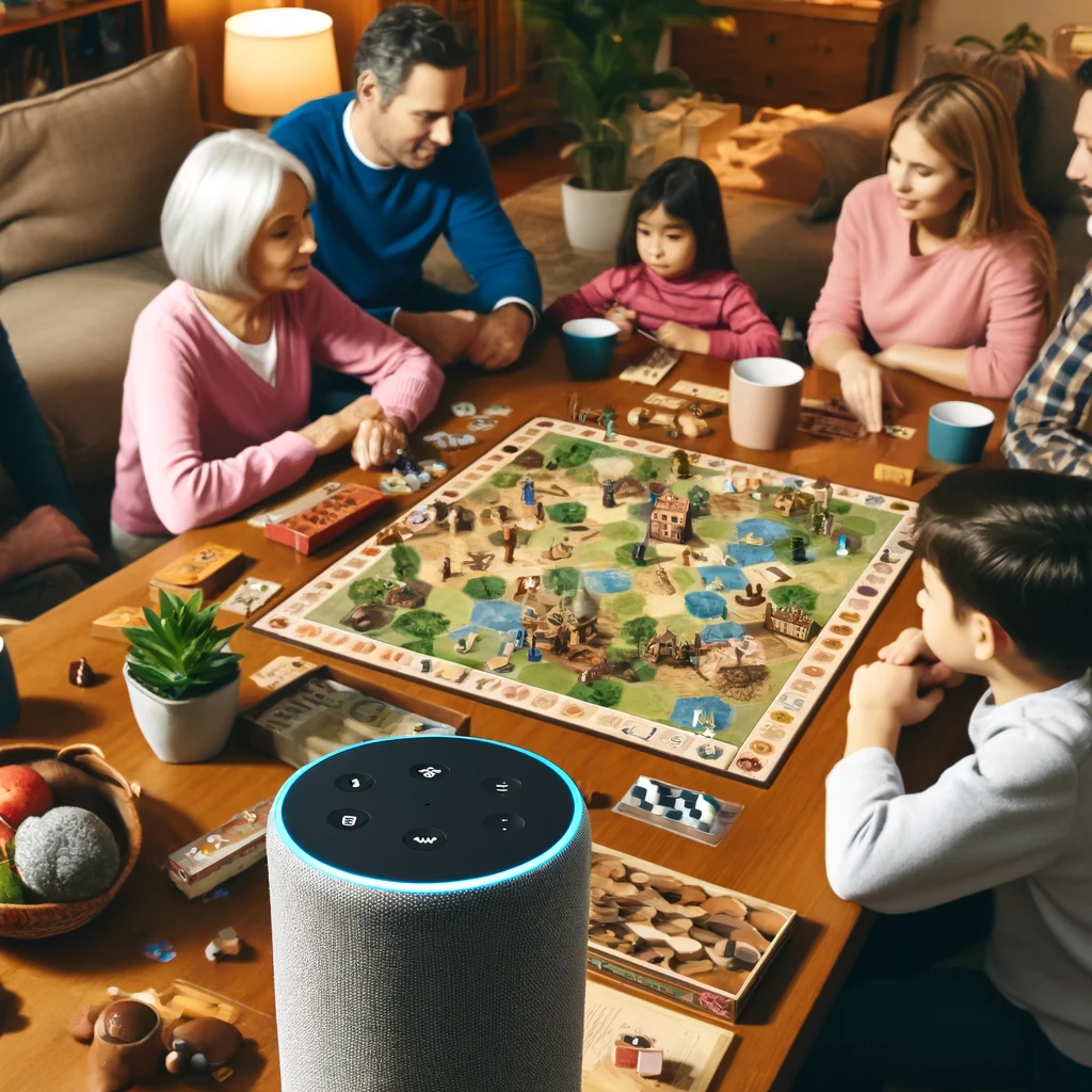 Diverse group playing traditional board game with Alexa assistance in a cozy living room