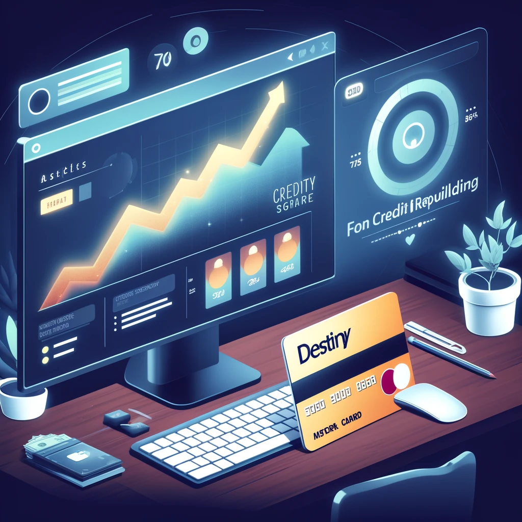 Person checking credit score improvement on computer with Destiny Mastercard, highlighting credit bureau icons and rising financial graphs in a home office setting