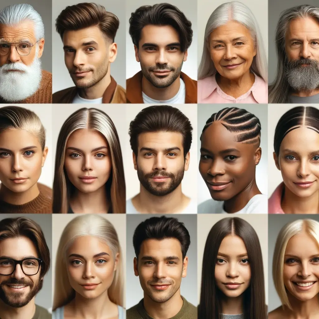 Collage of diverse individuals with widow's peaks, showcasing different ages, genders, ethnicities, and hairstyles to highlight the beauty and uniqueness of this genetic trait