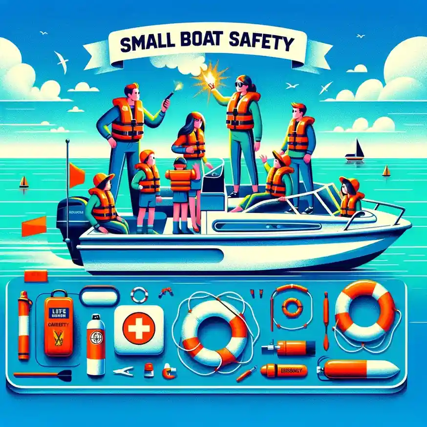 "Family practicing safety on a small boat with life jackets and emergency equipment, demonstrating proper use of safety gear like flares and life rings in a calm sea setting."