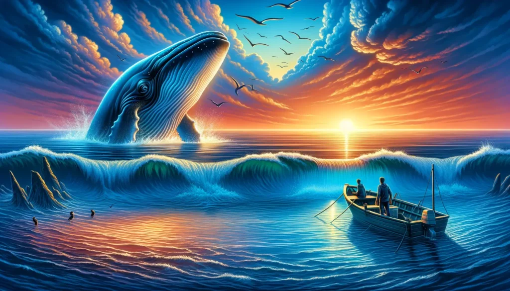 "Illustration depicting a dramatic scene of a whale breaching near a small boat at sunset, with people on the boat looking amazed and concerned."