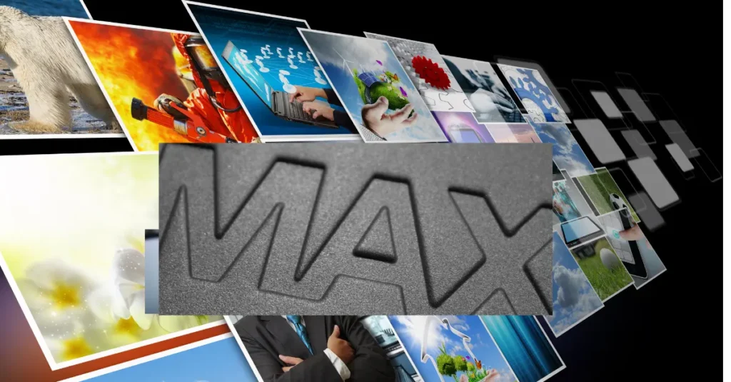 "Max streaming service logo with diverse content tiles displaying nature, technology, and lifestyle images, highlighting the broad range of Max's digital entertainment platform."