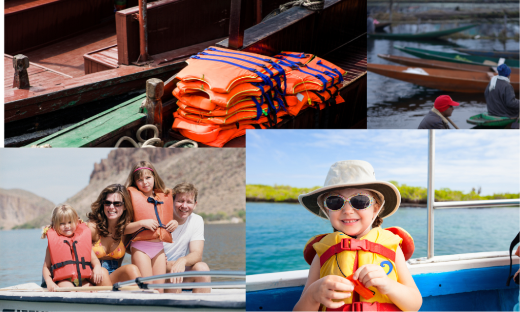 Collage of boating safety: life jackets stacked on a wooden boat, family wearing life jackets on a boat trip, child in life jacket and hat on a boat, and boats docked by the shore."