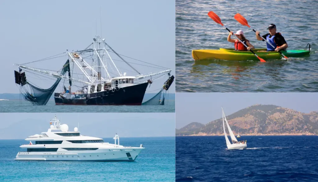 "Commercial fishing trawler, luxury yacht, sailboat, and kayakers on the water illustrating various boat types and potential costs"