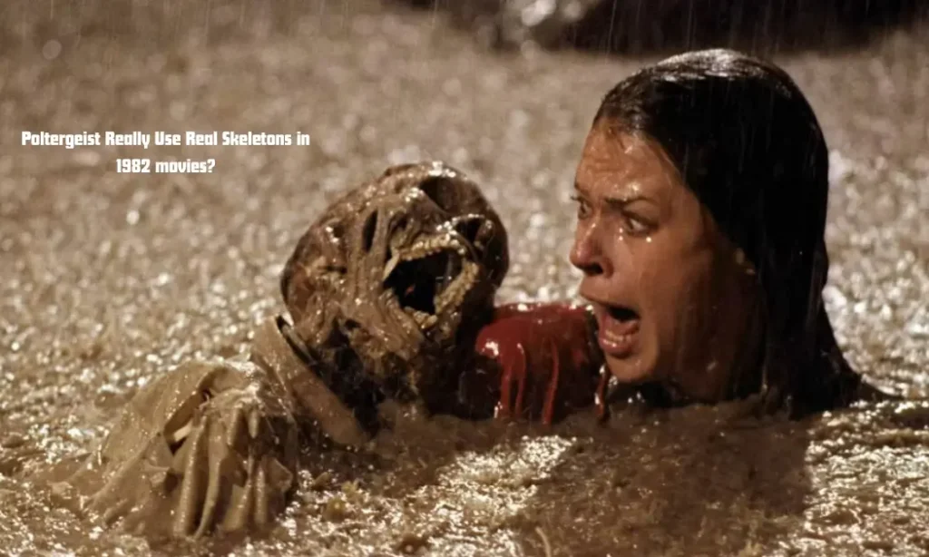 "Scene from Poltergeist (1982) with Actress Screaming Next to Realistic Skeleton in Muddy Water"