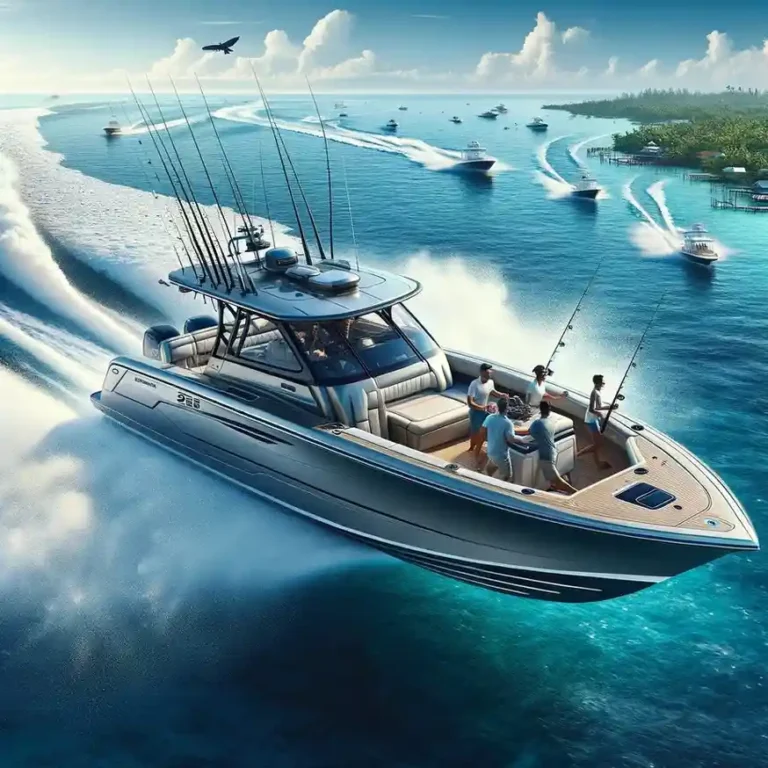 Sleek and modern Sportsman boat cutting through clear blue water at high speed with people on board enjoying the ride and fishing, against a beautiful coastline backdrop