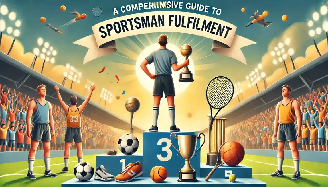 : "Athlete on podium holding a trophy, surrounded by sports equipment in a stadium with cheering fans - A Comprehensive Guide to Sportsman Fulfillment"