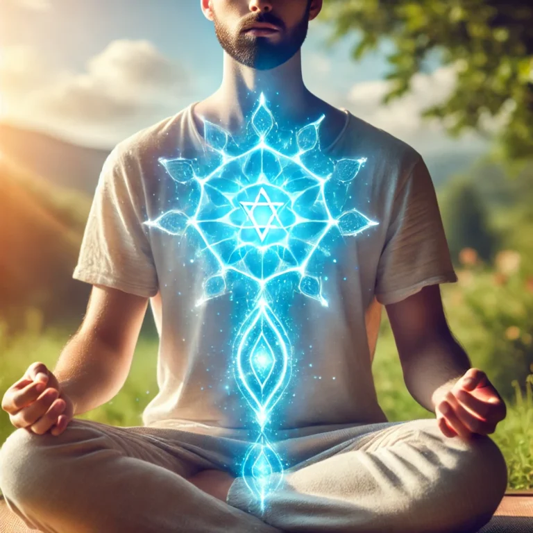 A serene person meditating with a blue glowing throat chakra symbol in nature