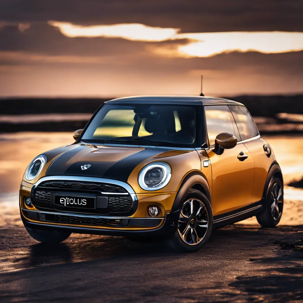 Golden electric car with black racing stripes parked on a beach at sunset, branded with "Eplus4Car"