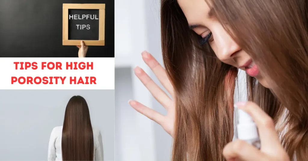 "Helpful tips for high porosity hair - woman spraying hair care product on her long straight hair, focusing on maintaining healthy and moisturized locks."