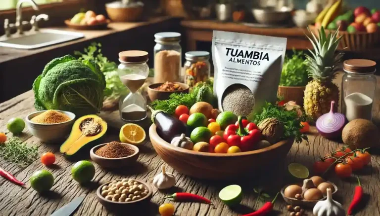 "Close-up of Tuambia Alimentos package surrounded by fresh vegetables, fruits, and herbs on a rustic kitchen table"