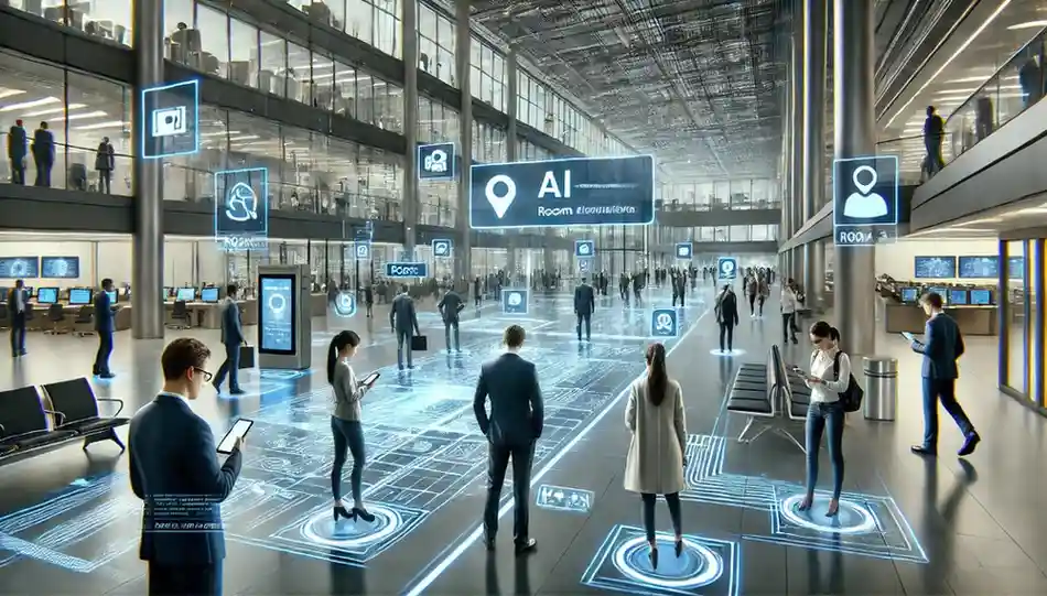 "Futuristic indoor scene with AI-powered mapping technology in a modern facility"