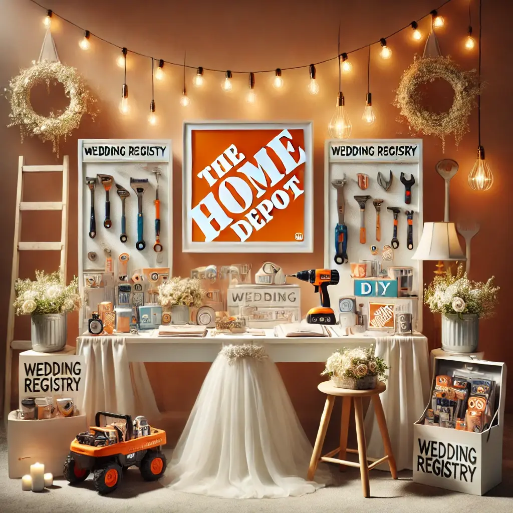 "Home Depot Wedding Registry table with tools, home improvement gadgets, and DIY decor displayed as wedding gifts in a wedding-themed setting."