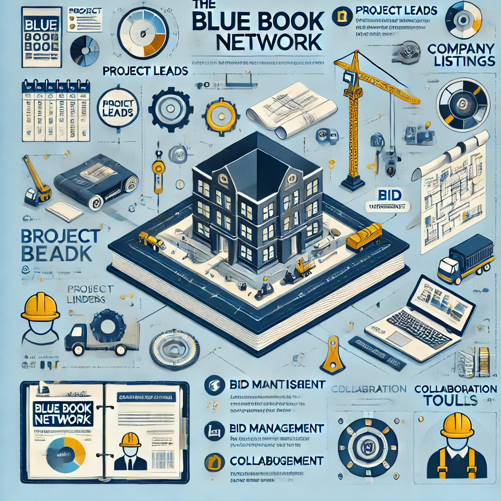 A detailed infographic showcasing The Blue Book Network's features, including project leads, bid management, collaboration tools, and company listings for the construction industry.