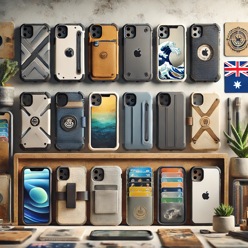 A variety of iPhone cases in Australia, featuring rugged, minimalistic, and eco-friendly designs with cardholders, kickstands, and vibrant colors, set against a clean background with an Australian symbol.