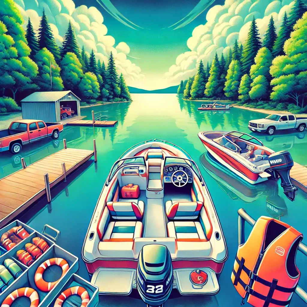 "Motorboat cruising across a peaceful lake, equipped with life jackets and a first-aid kit, with a trailer parked near the boat ramp."