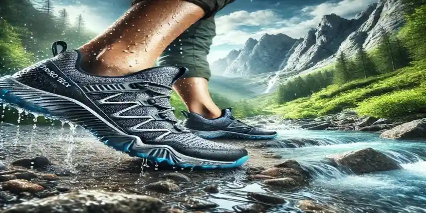 Hydro-Tech Cool Breeze Shoes displayed on a hiker’s feet, showcasing their breathable mesh design, slip-resistant soles, and water-resistant features on a rugged mountain trail.