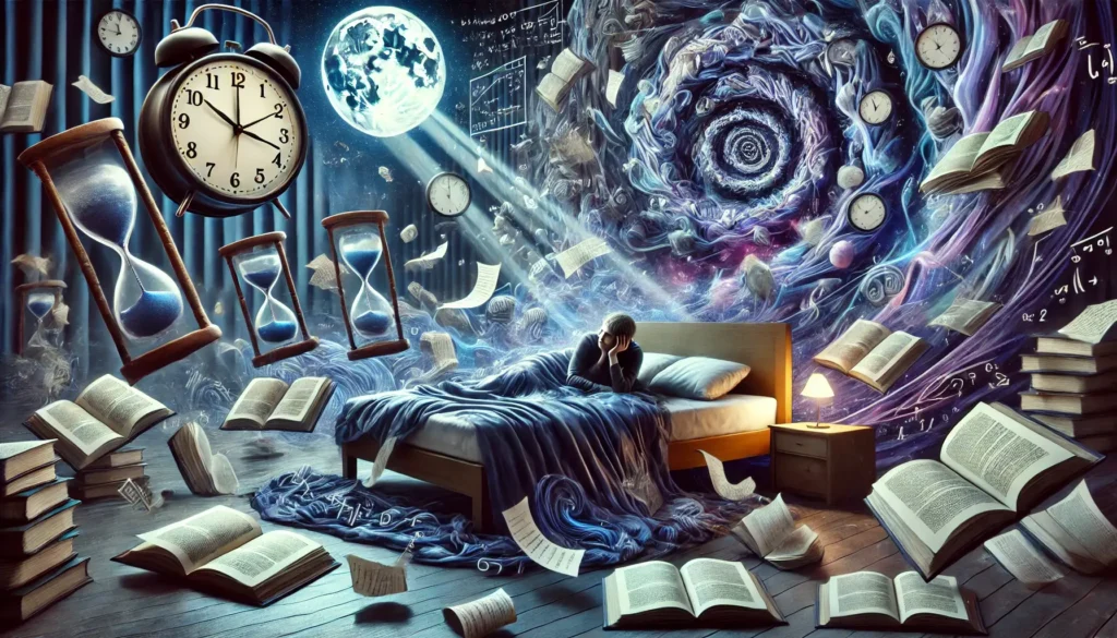 "A surrealist painting of a person lying in bed at night, eyes wide open with anxiety, surrounded by floating books, melting clocks, and crumpled papers, symbolizing academic failure. The bed sinks into a dark abyss, with moonlight distorting the dreamlike atmosphere."