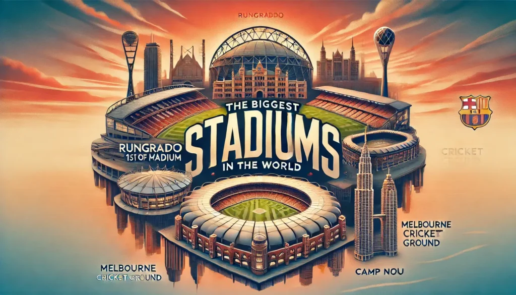 "Collage of the world’s biggest stadiums including Rungrado 1st of May Stadium, Melbourne Cricket Ground, and Camp Nou, set against a vibrant sunset sky."