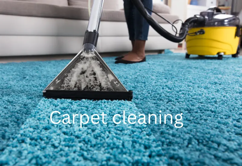 Close-up of a carpet being cleaned with a professional carpet cleaning machine, removing dirt and stains on a vibrant blue carpet.