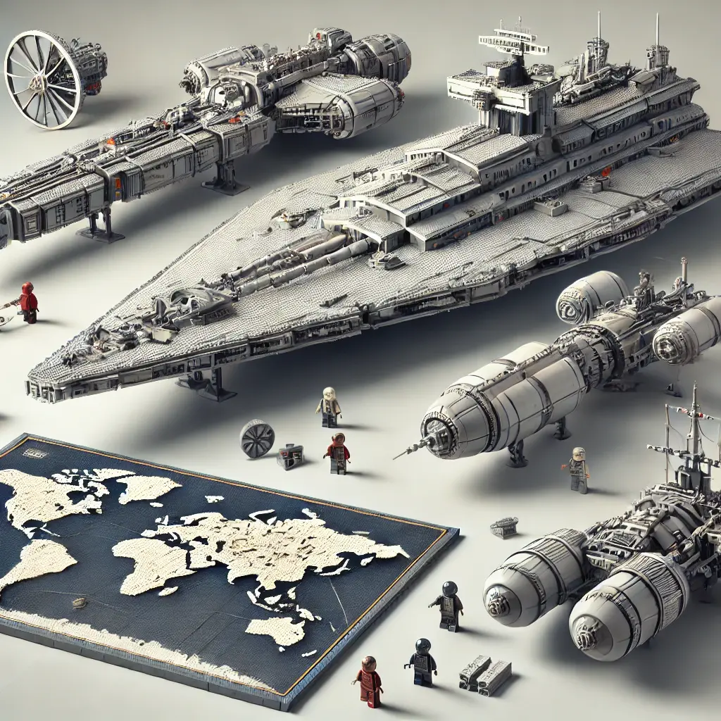 "Collection of highly detailed LEGO-inspired sets including a spaceship, historic ship, and world map puzzle, representing the most expensive and rare LEGO builds to collect."