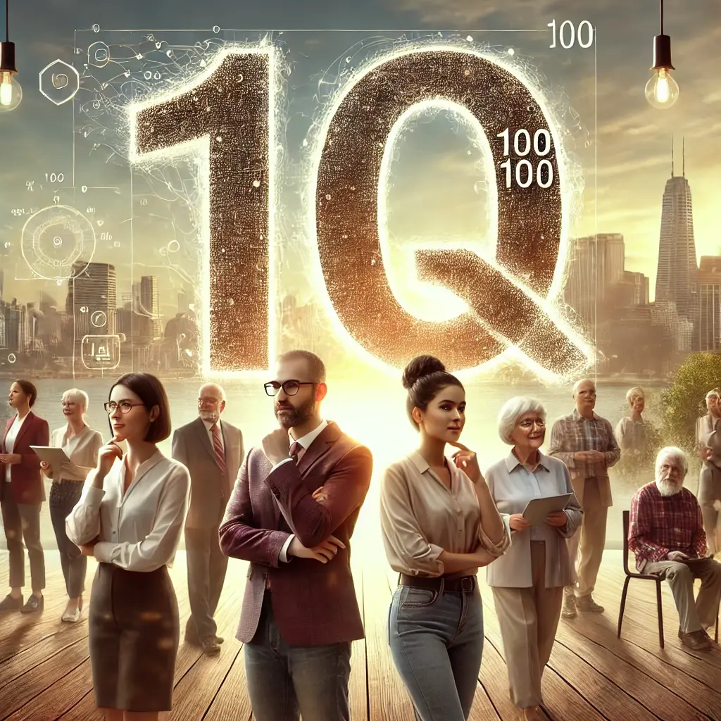 "A diverse group of people representing different ages and ethnicities with the number 100 symbolizing the average IQ in the USA, set against a modern background with books and computers."