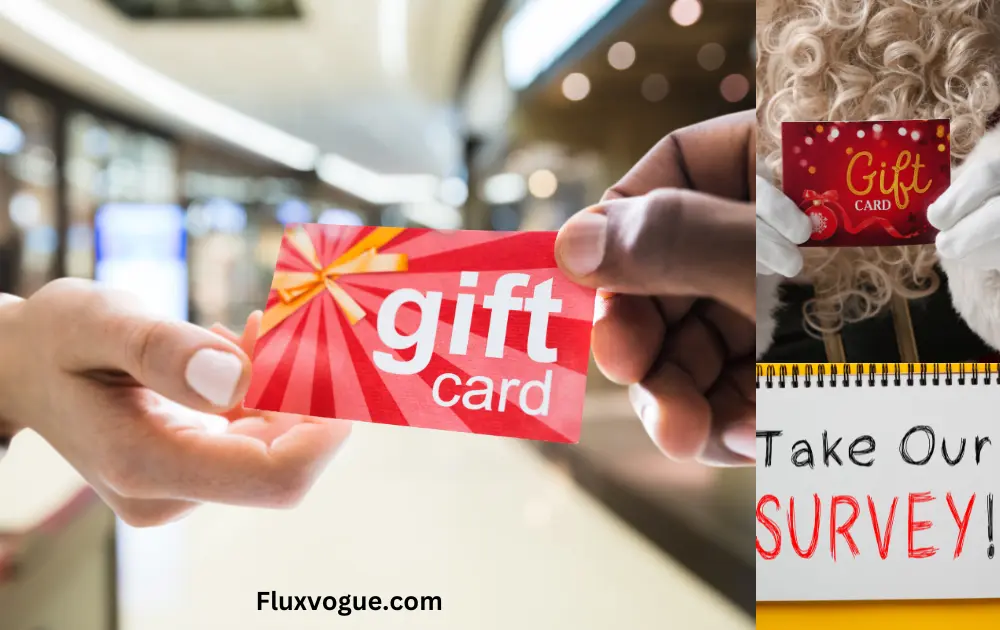 "Image showcasing gift cards being handed over, featuring the text 'Gift Card' and a call-to-action for taking surveys to earn rewards, presented by Fluxvogue.com."