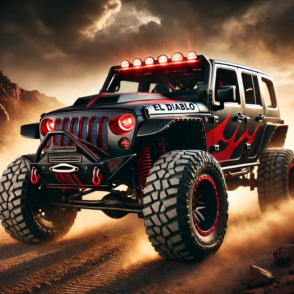 "El Diablo Jeep with custom bodywork, bold stance, and rugged off-road tires in a dramatic desert setting."