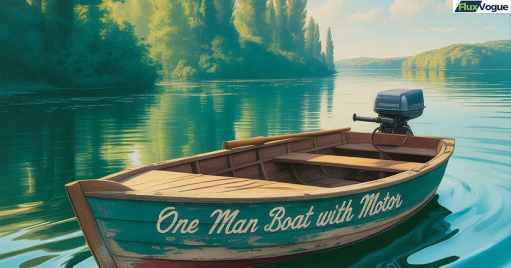 Small one-man fishing boat with outboard motor floating on a calm lake surrounded by forest – Flux Vogue