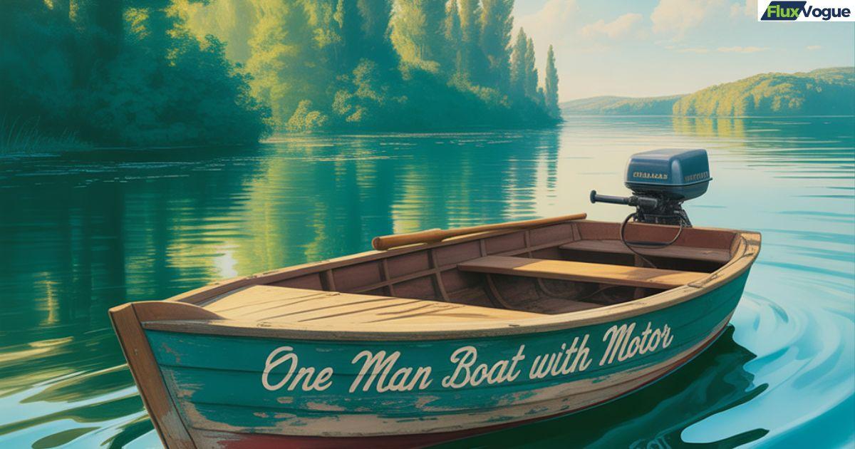 Small one-man fishing boat with outboard motor floating on a calm lake surrounded by forest – Flux Vogue