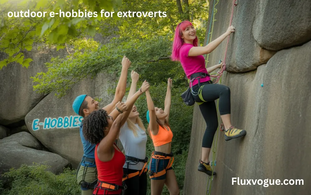 Group of extroverts enjoying outdoor e-hobbies like rock climbing in a social adventure setting
