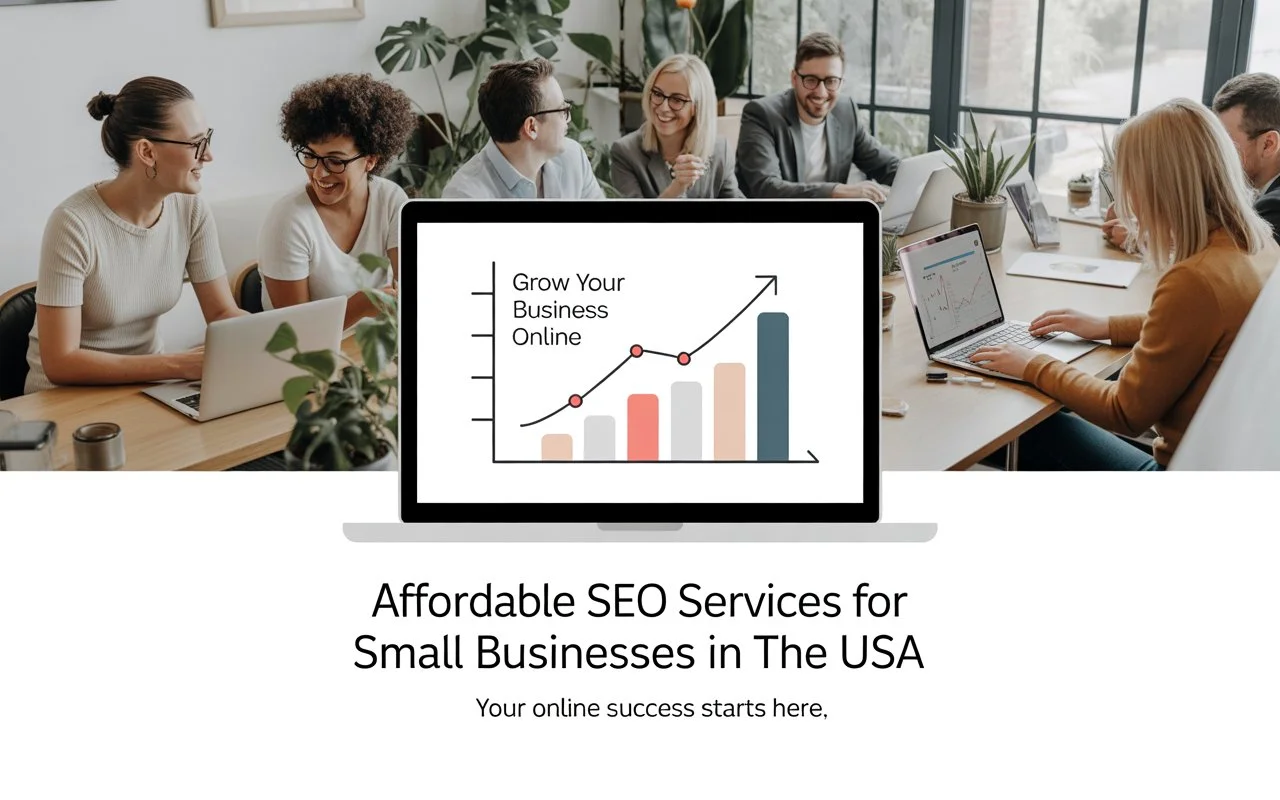 Team working on laptops with graph showing business growth, promoting affordable SEO services for small businesses in the USA