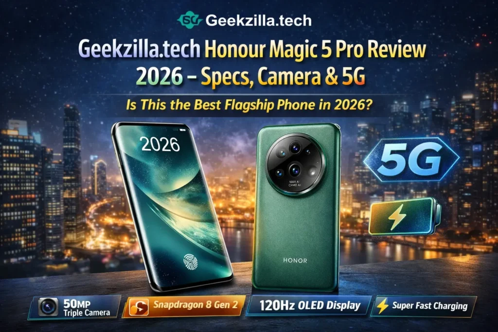 Geekzilla.tech Honour Magic 5 Pro review 2026 blog image showing flagship smartphone design, 120Hz OLED display, 50MP camera and 5G features