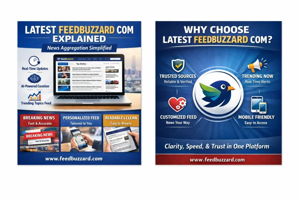 Combined infographic of Latest Feedbuzzard Com showcasing AI-powered content curation, real-time news updates, trending topics feed, trusted sources, personalized news feed, and mobile-friendly clean interface.