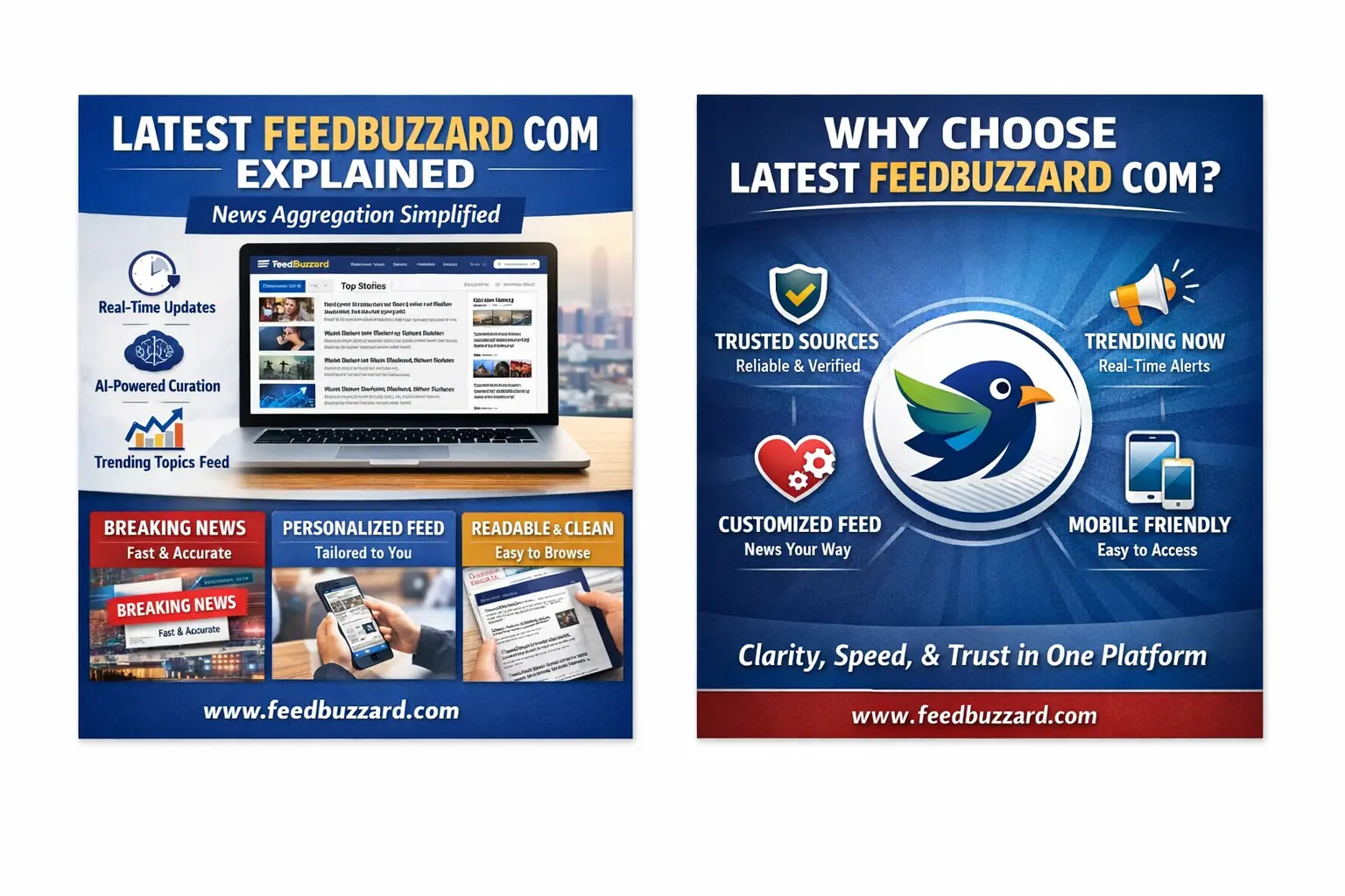 Combined infographic of Latest Feedbuzzard Com showcasing AI-powered content curation, real-time news updates, trending topics feed, trusted sources, personalized news feed, and mobile-friendly clean interface.
